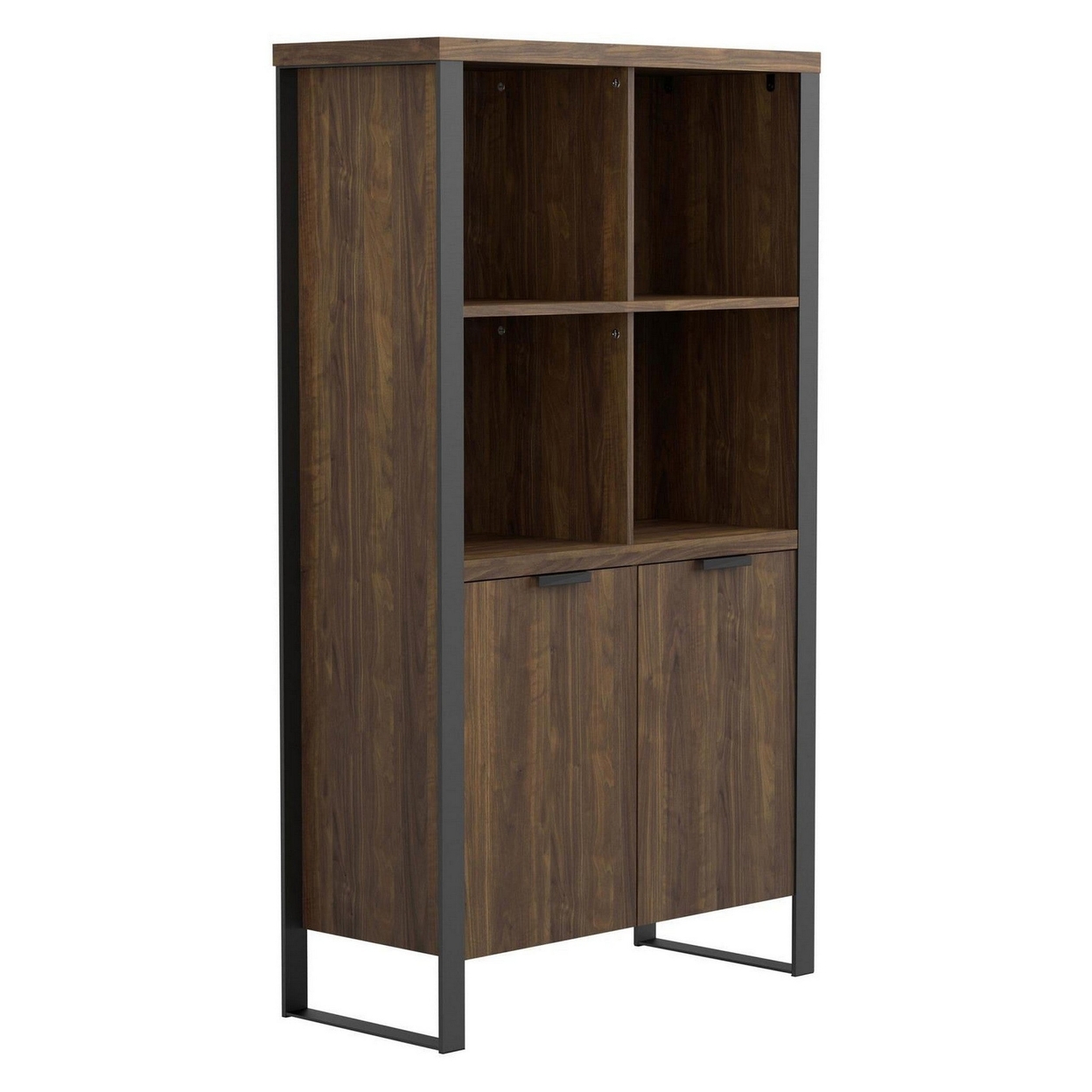 Wooden Bookcase With 2 Doors And Metal Frame, Brown And Black- Saltoro Sherpi