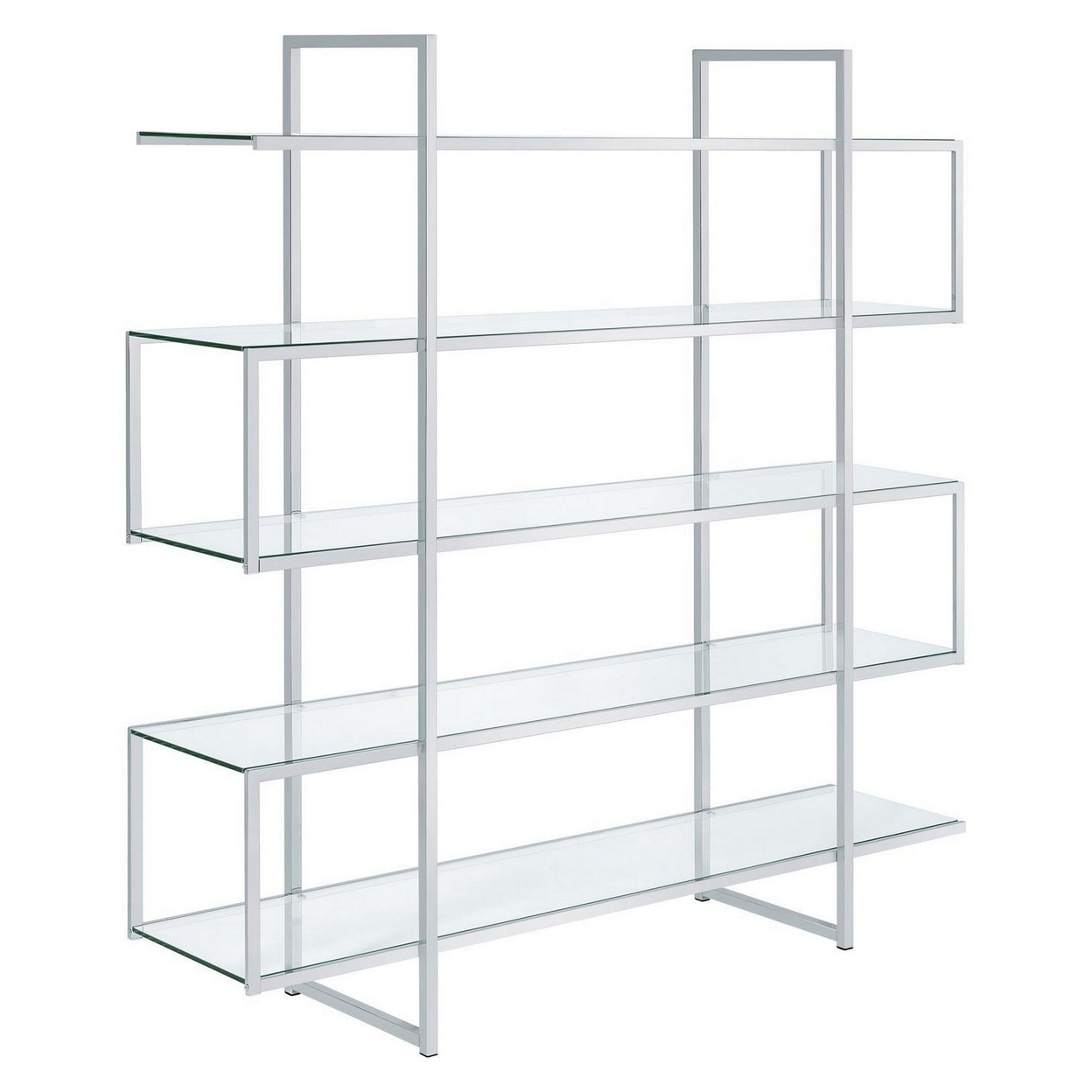 Bookcase With 5 Tempered Glass Shelves And Electroplated Frame, Chrome- Saltoro Sherpi
