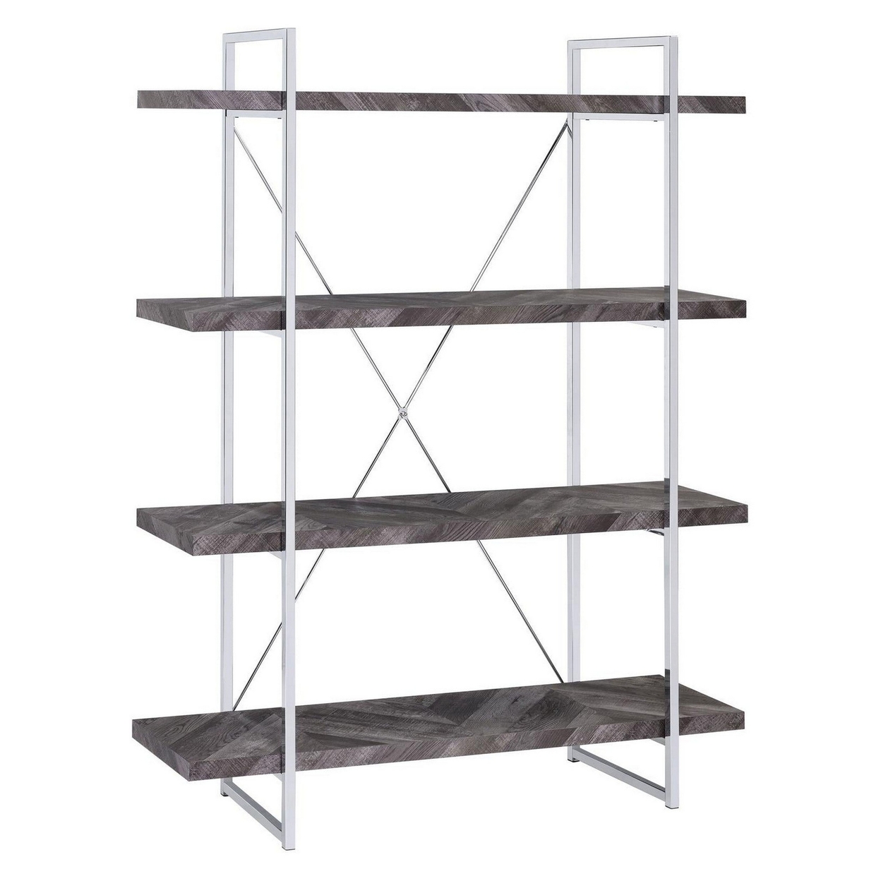 4 Shelf Wood And Metal Bookcase With X Shape Back Support, Gray And Silver- Saltoro Sherpi