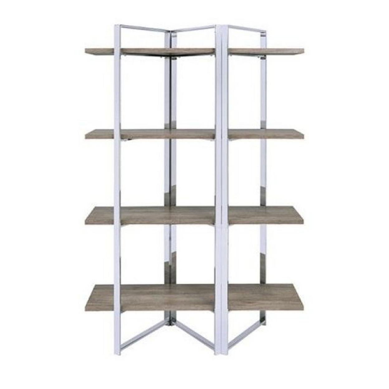 Geometric Metal Framed Bookshelf With Four Open Wooden Shelves, Brown And Silver- Saltoro Sherpi
