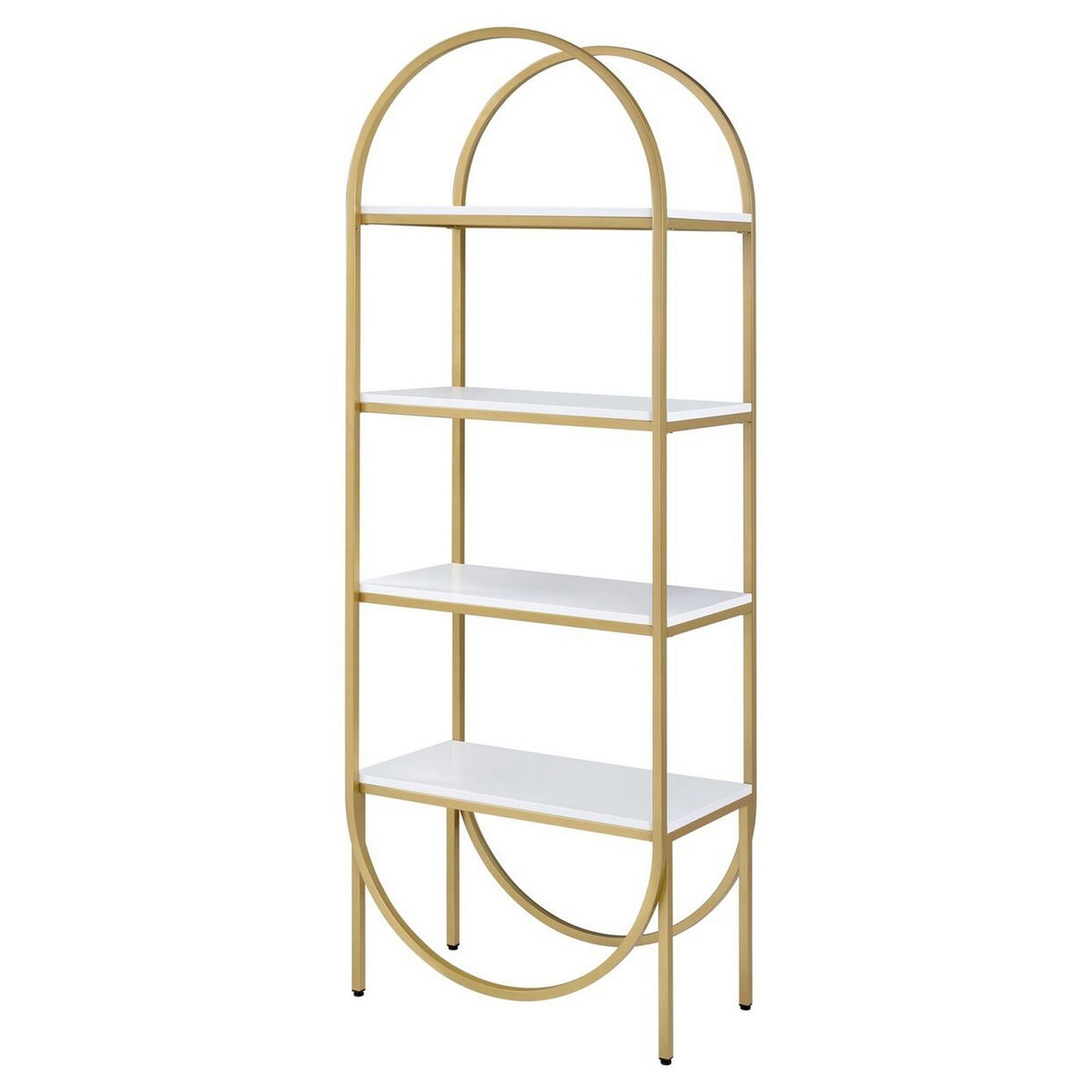 Arched Metal Frame Wooden Bookshelf With 4 Open Compartments,White And Gold- Saltoro Sherpi