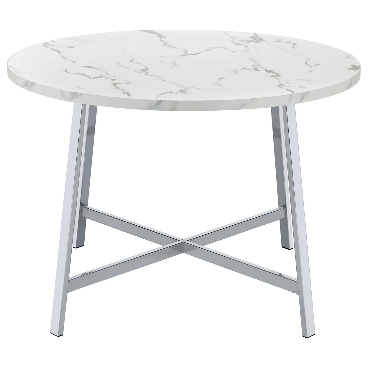 45 Inch Dining Table, Faux Carrara Round Marble Top, Chrome Metal Legs -Saltoro Sherpi