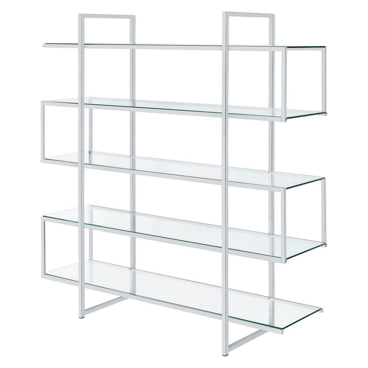 Bookcase With 5 Tempered Glass Shelves And Electroplated Frame, Chrome- Saltoro Sherpi