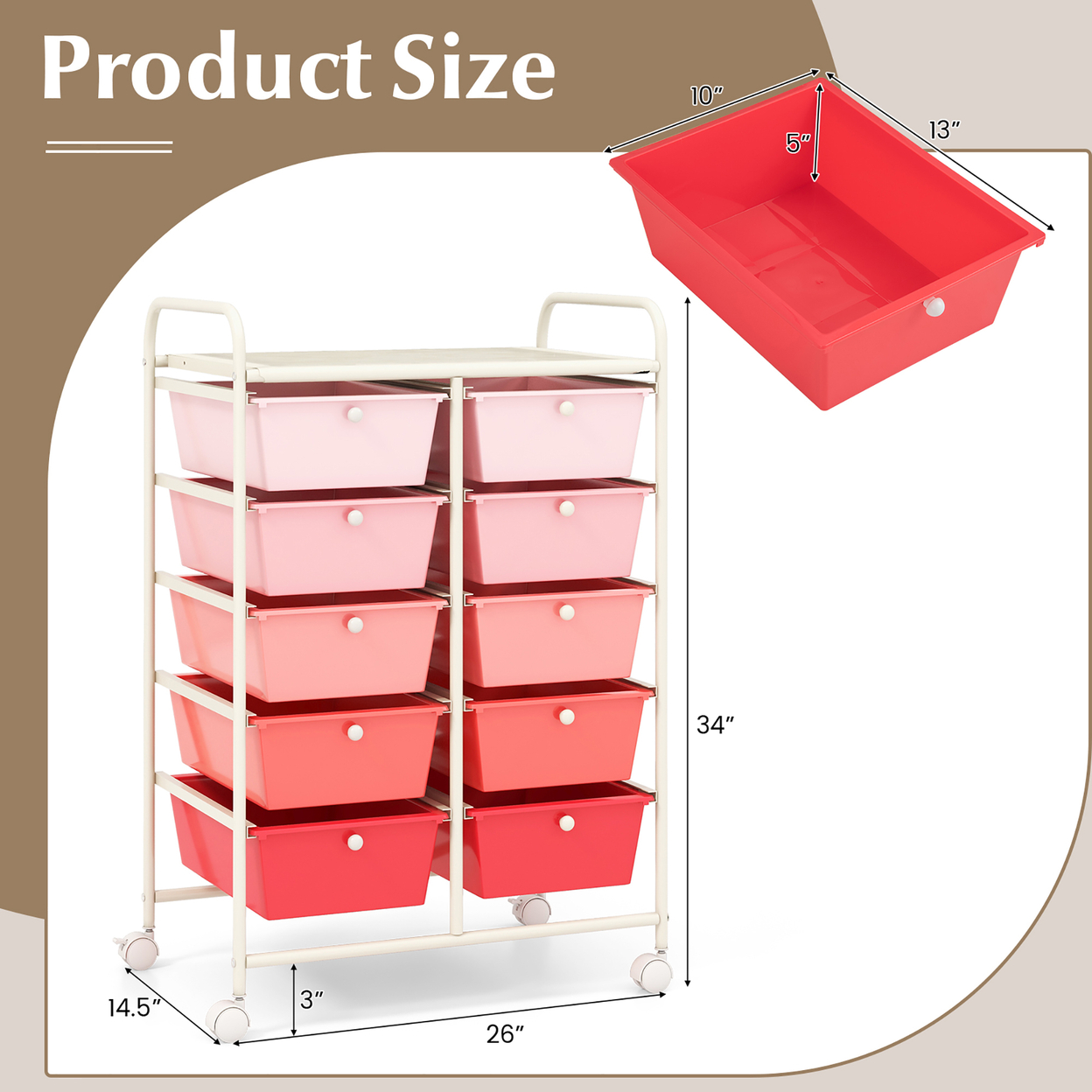10-Drawer Rolling Storage Cart Tools Scrapbook Paper Organizer On Wheels Pink Gradient