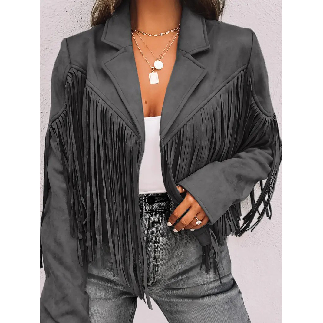 Cropped Fringe Suede Faux Leather Motorcycle Jacket, Fashion Tassel Lightweight Solid Jacket, Women's Clothing - White, S