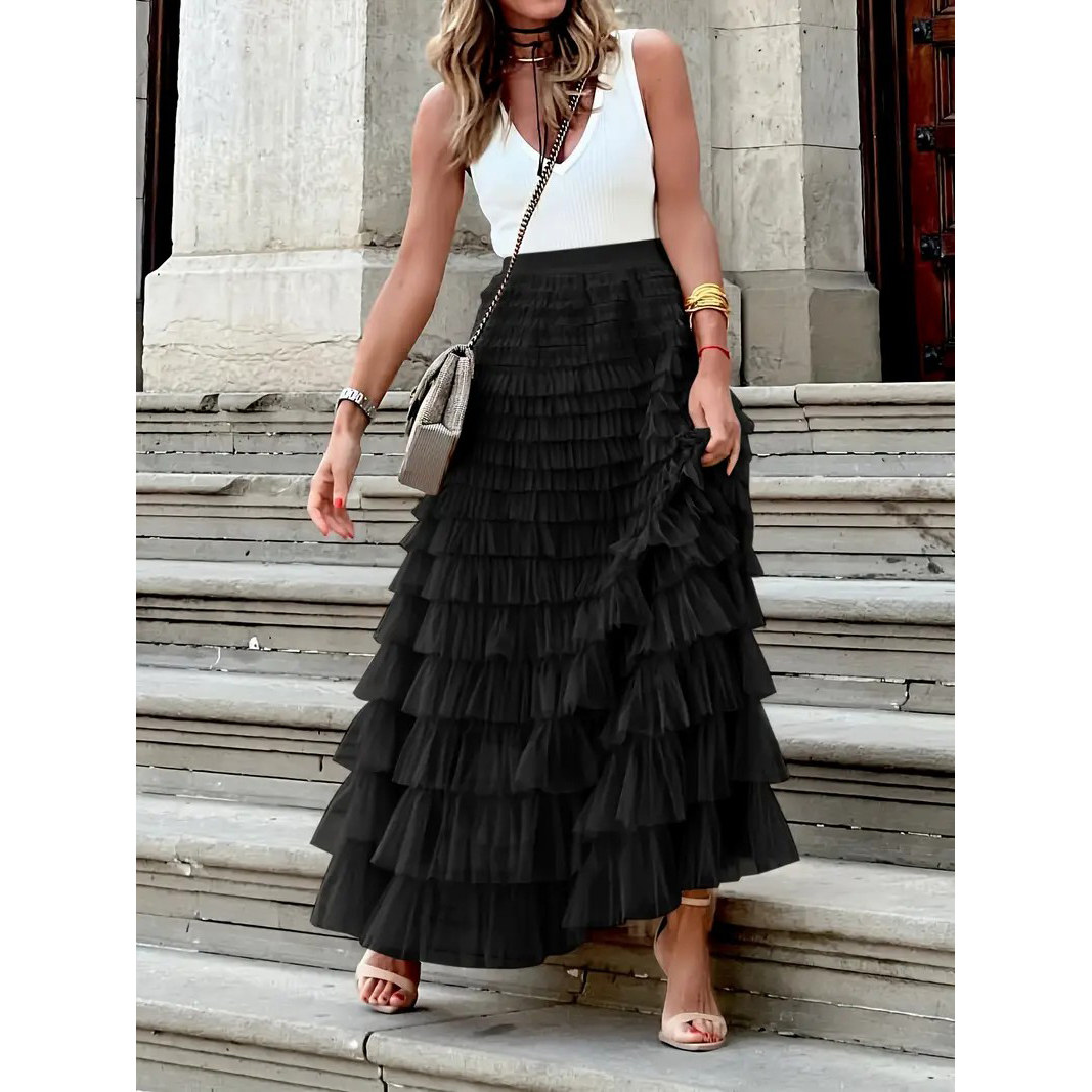 Solid Ruffle Trim Layered Mesh Skirt, Versatile High Waist Maxi Skirt For Spring & Fall, Women's Clothing - Grey, XXL
