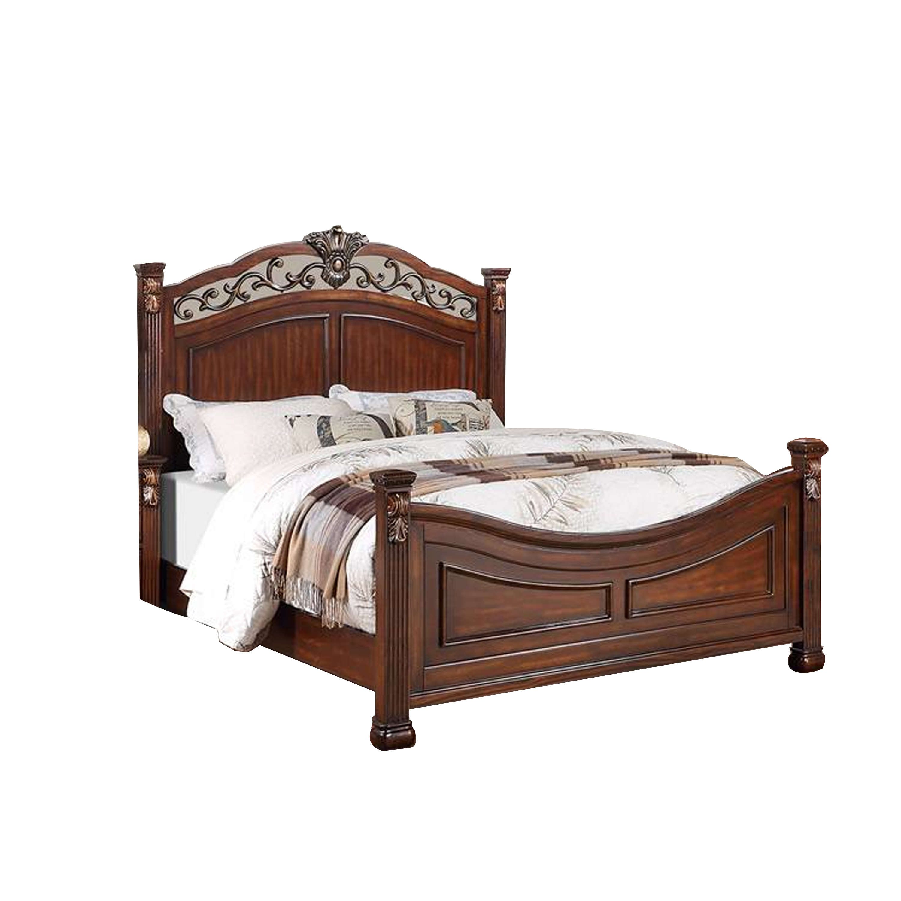 Aza Traditional Wood Queen Size Bed, Leaf Carvings, Rich Cherry Brown - Saltoro Sherpi