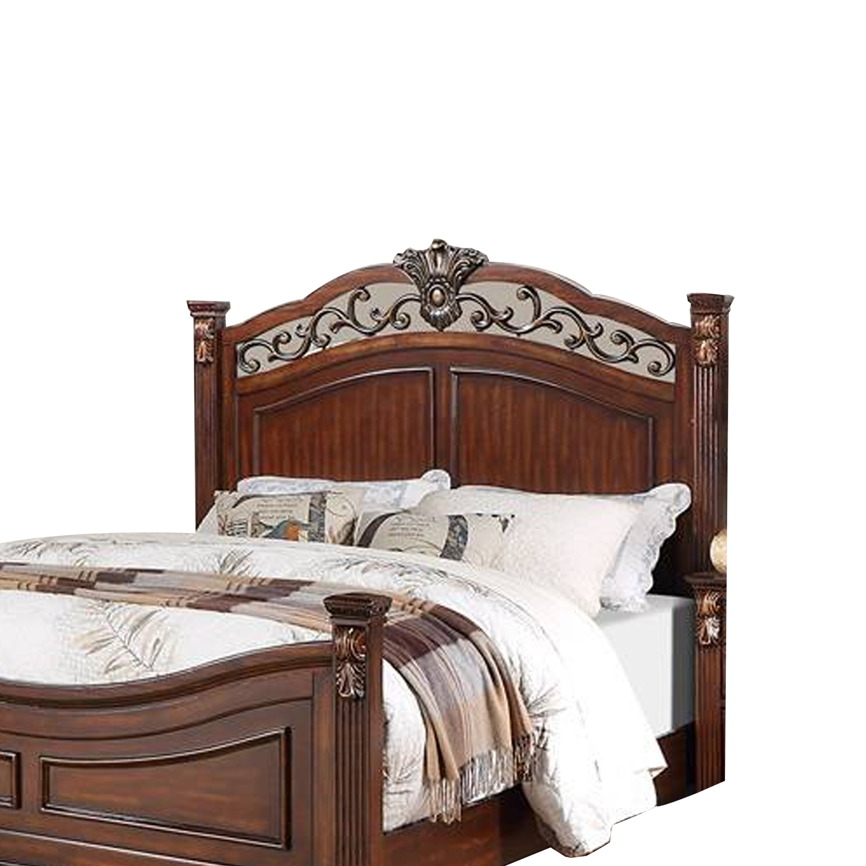 Aza Traditional Wood Queen Size Bed, Leaf Carvings, Rich Cherry Brown - Saltoro Sherpi