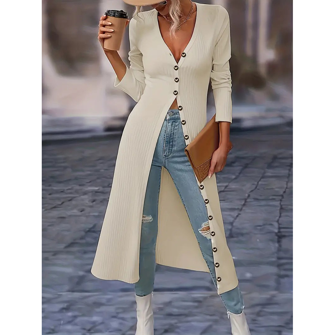 Solid Button Down Knit Cardigan, Elegant Long Sleeve Long Length Slim Cardigan, Women's Clothing - Beige, XL
