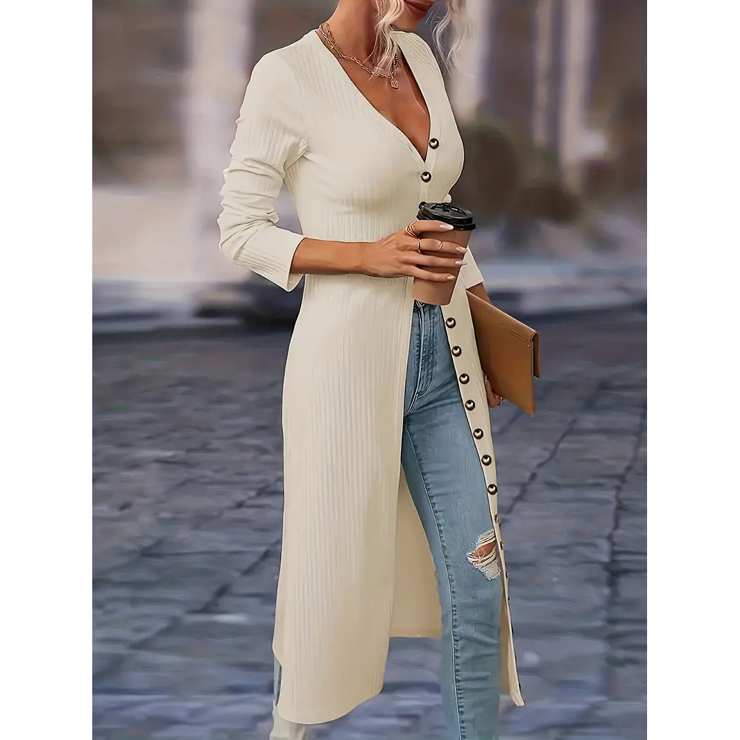 Solid Button Down Knit Cardigan, Elegant Long Sleeve Long Length Slim Cardigan, Women's Clothing - Beige, M