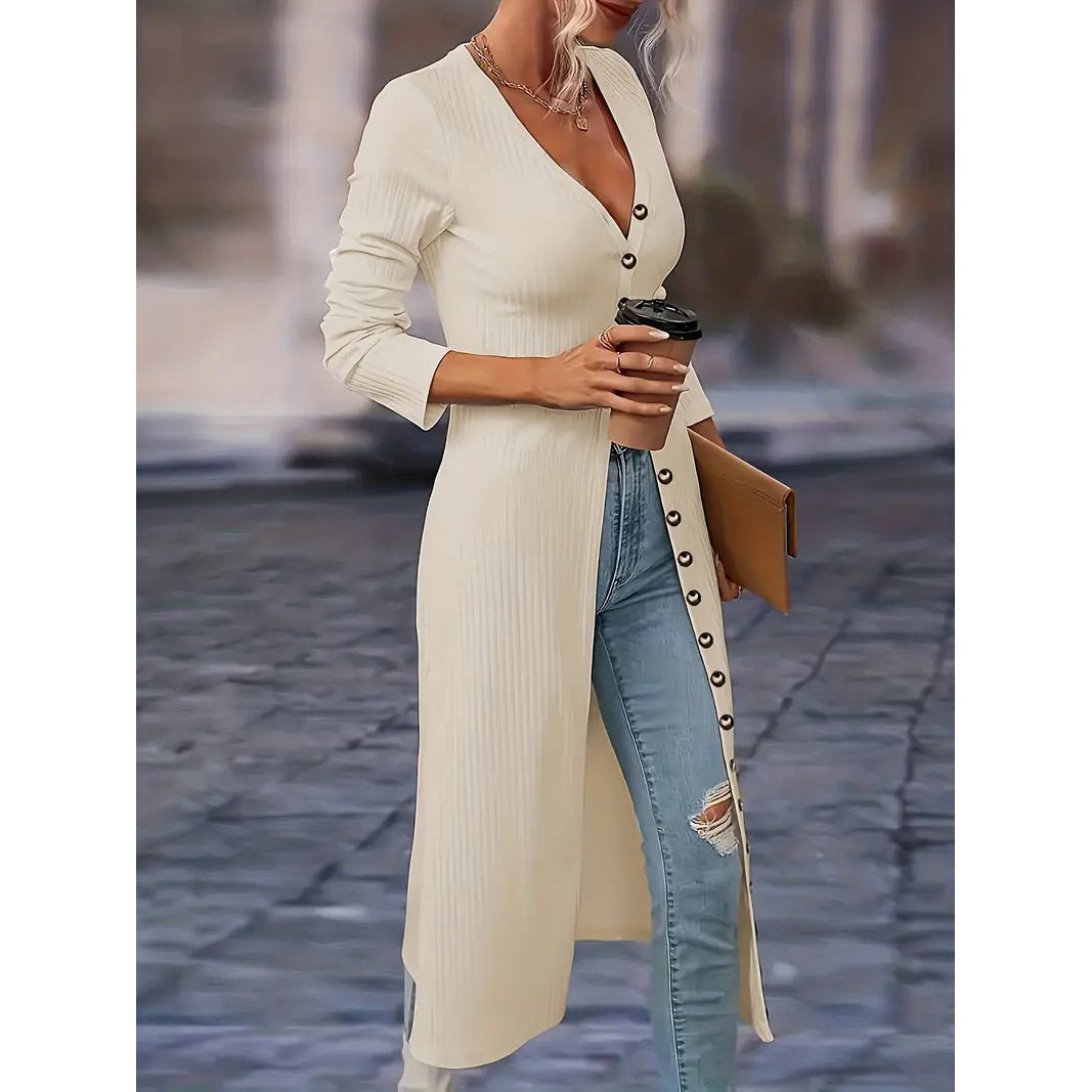Solid Button Down Knit Cardigan, Elegant Long Sleeve Long Length Slim Cardigan, Women's Clothing - Beige, S