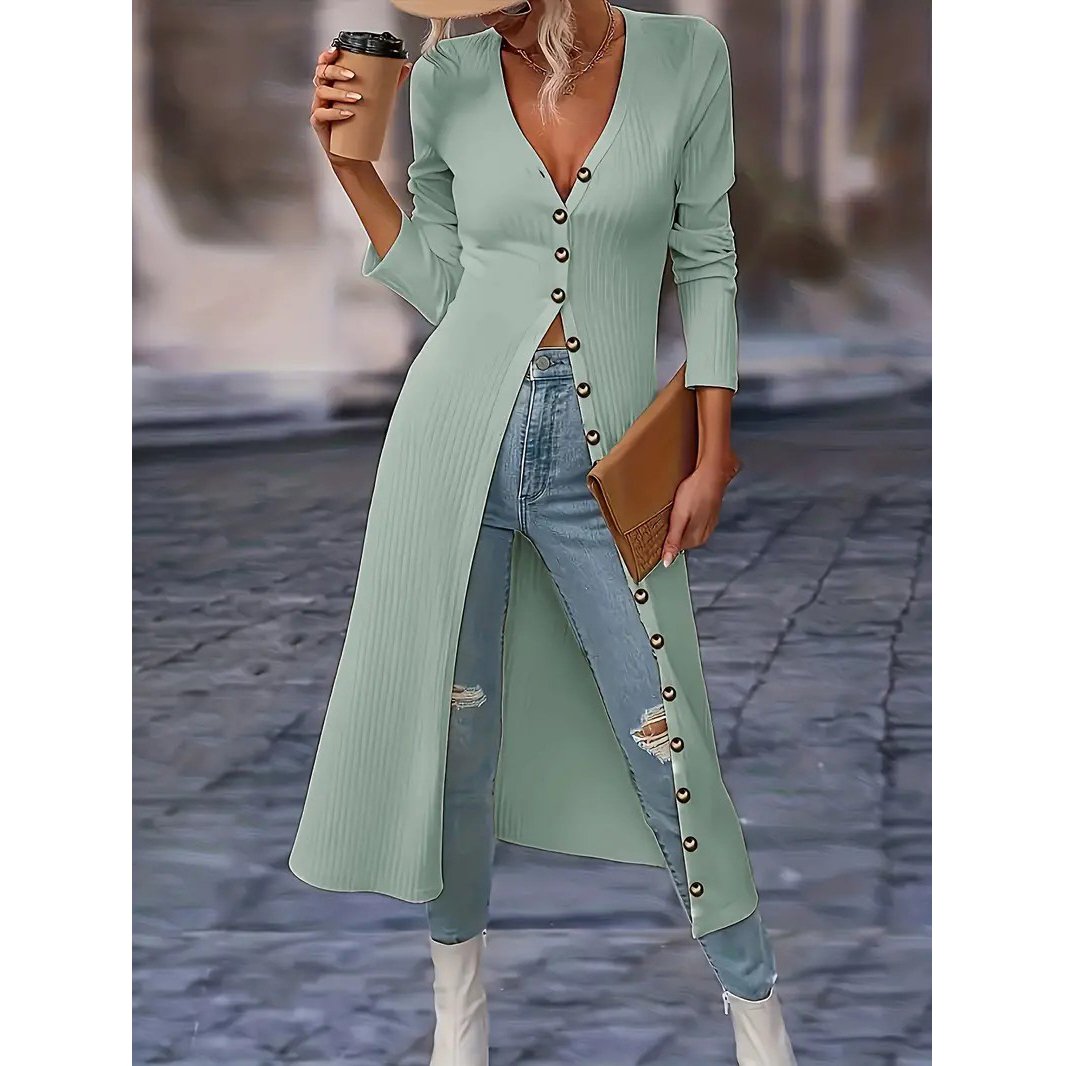 Solid Button Down Knit Cardigan, Elegant Long Sleeve Long Length Slim Cardigan, Women's Clothing - Light Green, M
