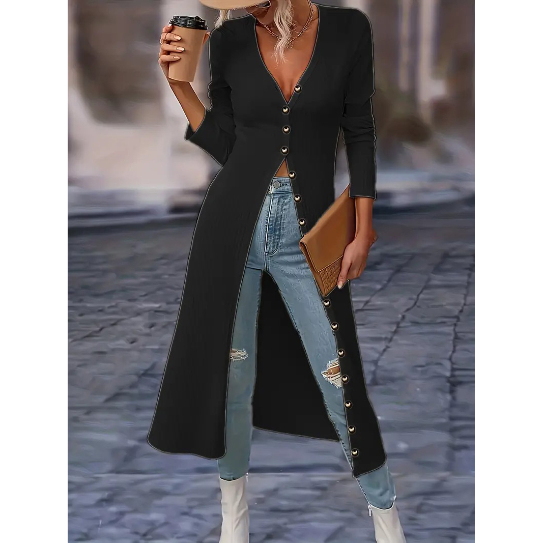 Solid Button Down Knit Cardigan, Elegant Long Sleeve Long Length Slim Cardigan, Women's Clothing - Black, XL