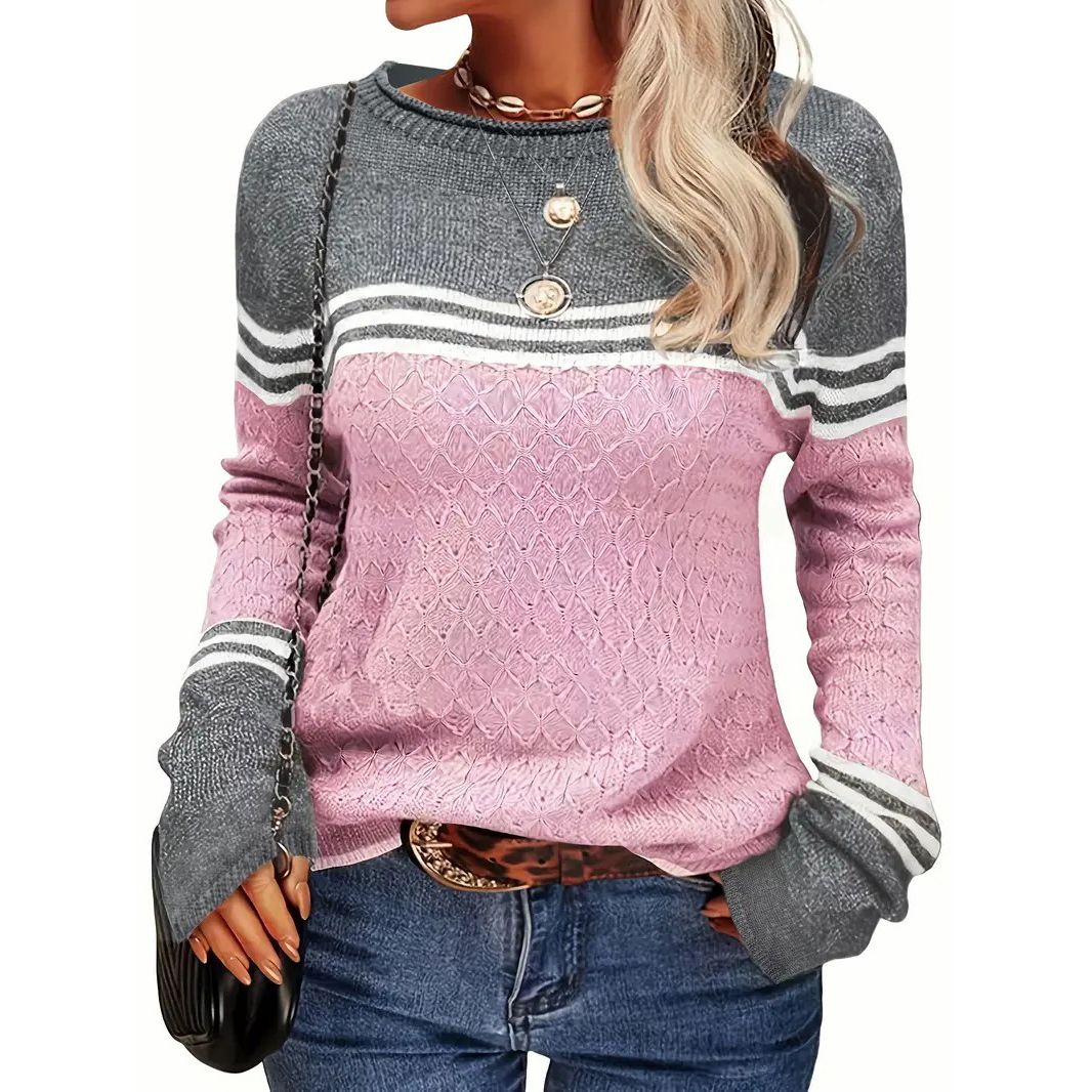 Color Block Boat Neck Knitted Top, Casual Long Sleeve Pullover Sweater For Fall & Winter, Women's Clothing - Pink, S