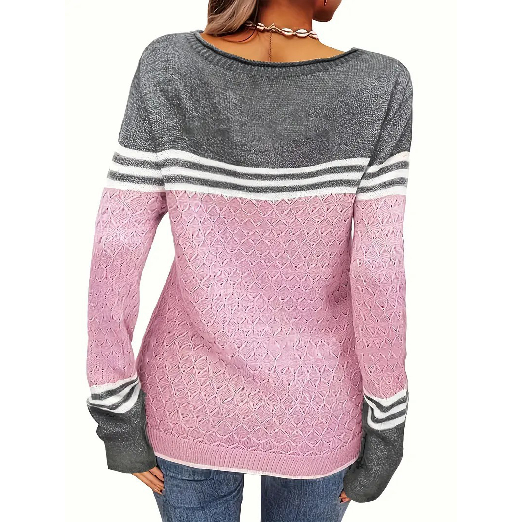 Color Block Boat Neck Knitted Top, Casual Long Sleeve Pullover Sweater For Fall & Winter, Women's Clothing - Pink, M