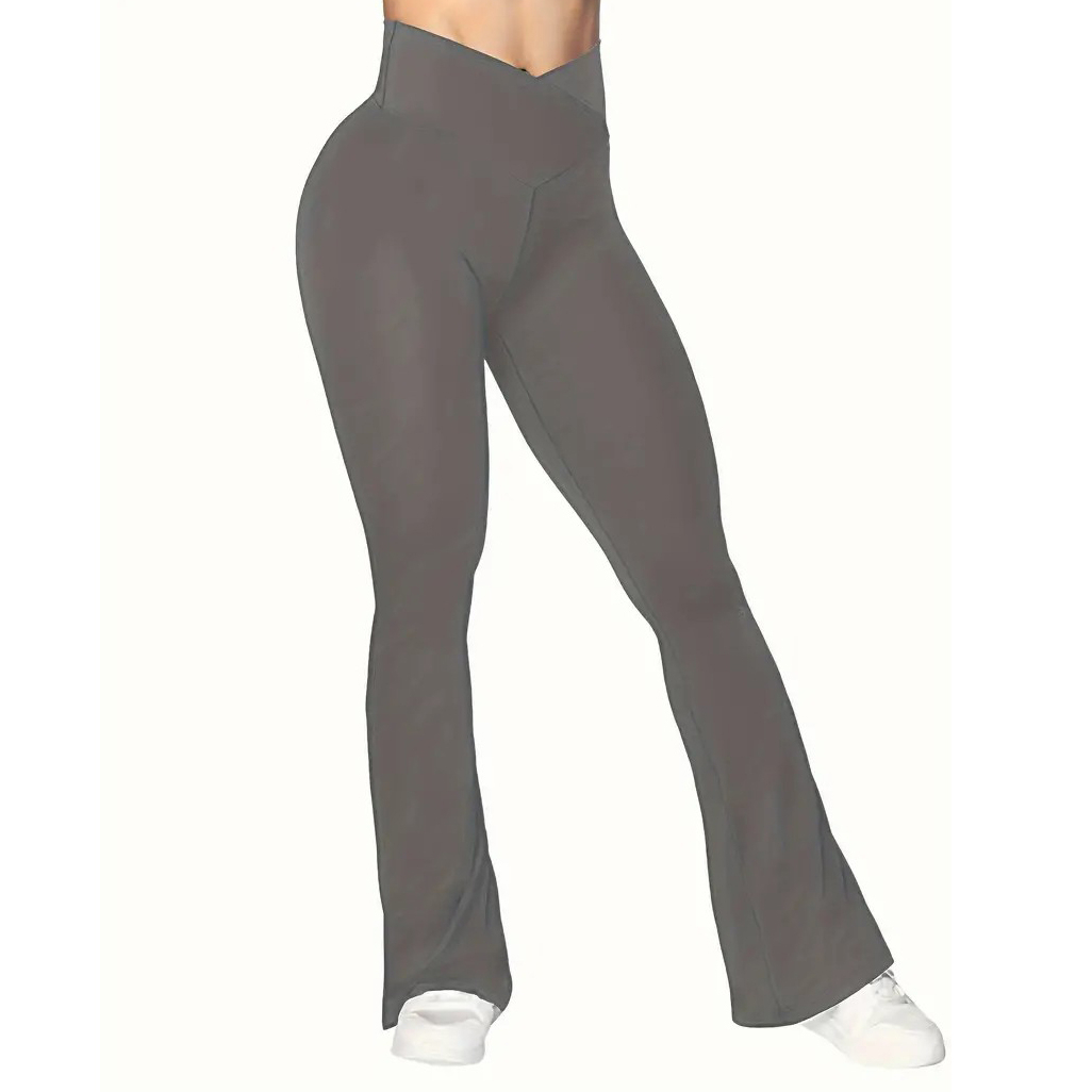 Crossover Waisted Flare Leg Pants, Mature Solid Slant Waist Solid Yoga Fashion Comfy Work Pants, Women's Clothing - Black, XXL