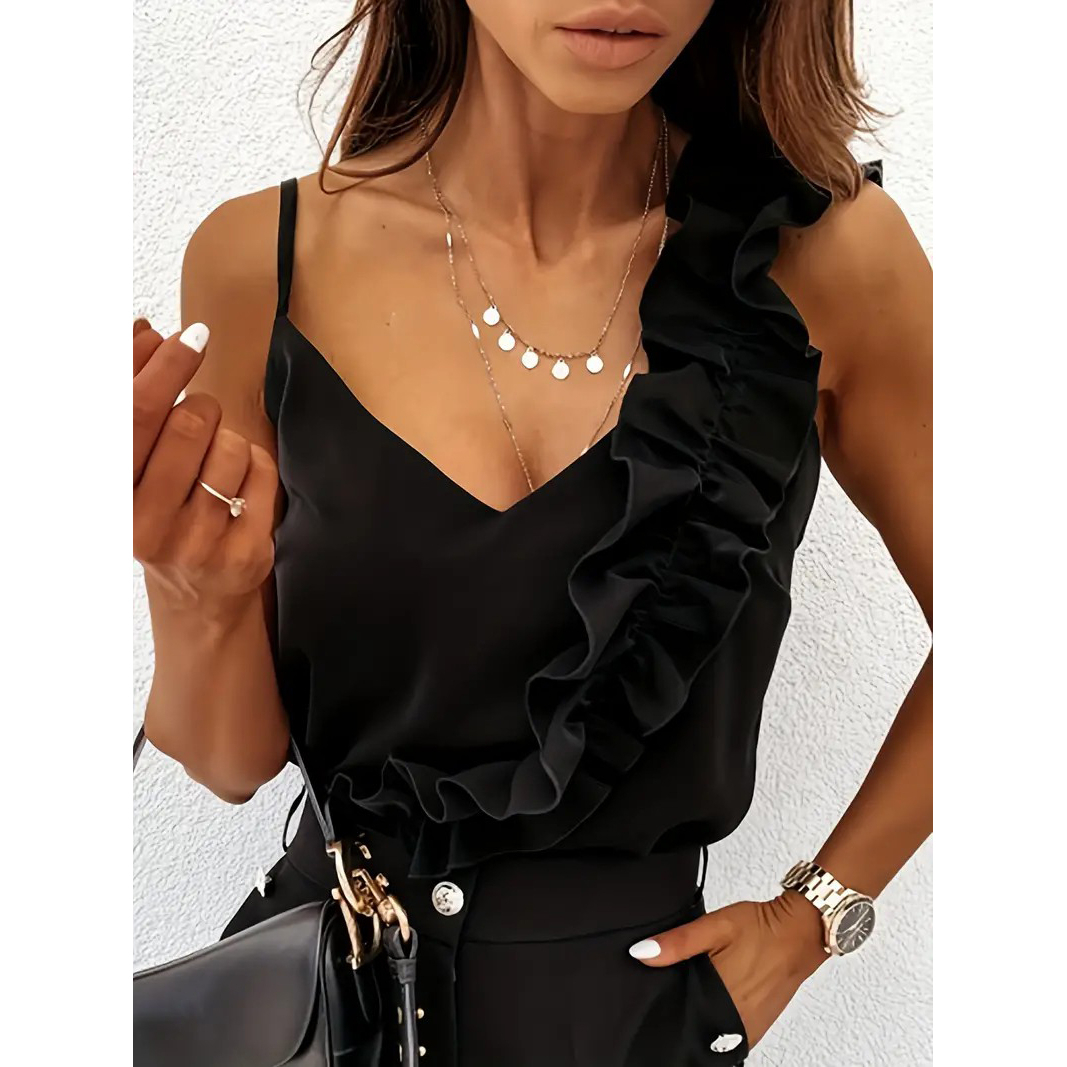 Ruffle Hem Spaghetti Strap Top, Elegant V-neck Sleeveless Cami Top For Summer, Women's Clothing - Black, XL