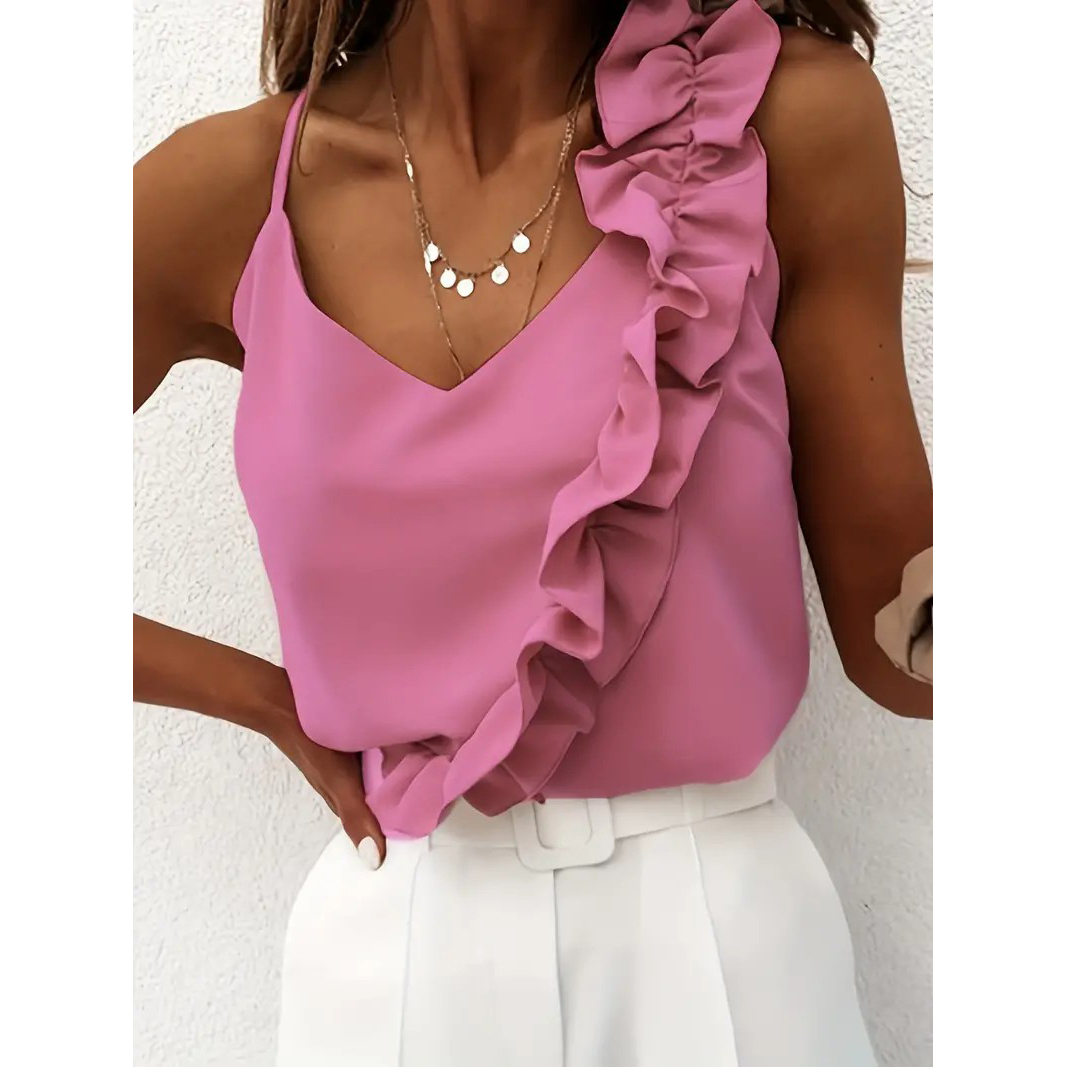 Ruffle Hem Spaghetti Strap Top, Elegant V-neck Sleeveless Cami Top For Summer, Women's Clothing - Rose Color, XXL