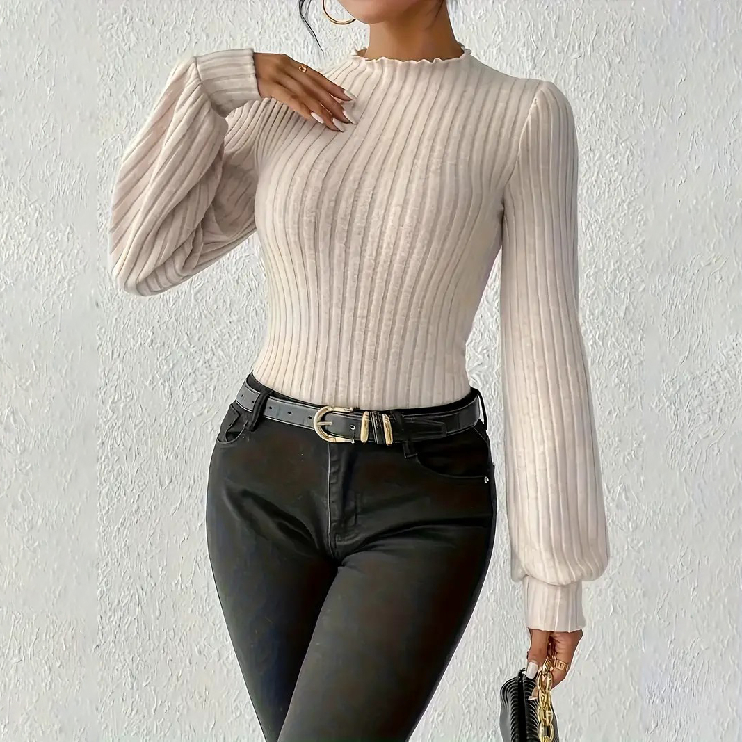 Solid Mock Neck Rib Knit Bodysuit, Elegant Long Sleeve Bodysuit, Women's Clothing - Apricot, XL