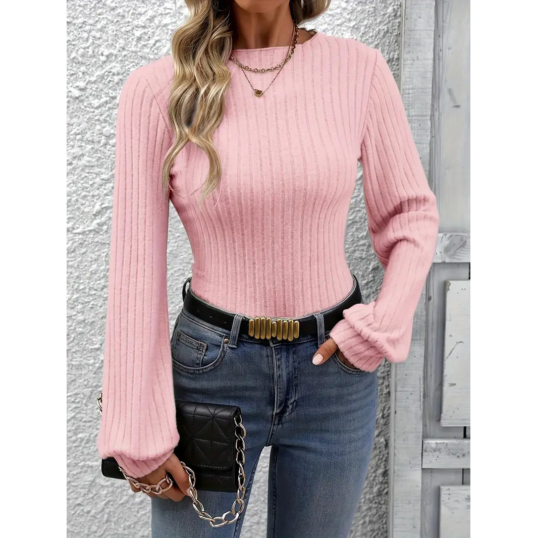 Solid Mock Neck Rib Knit Bodysuit, Elegant Long Sleeve Bodysuit, Women's Clothing - Pink, XXL