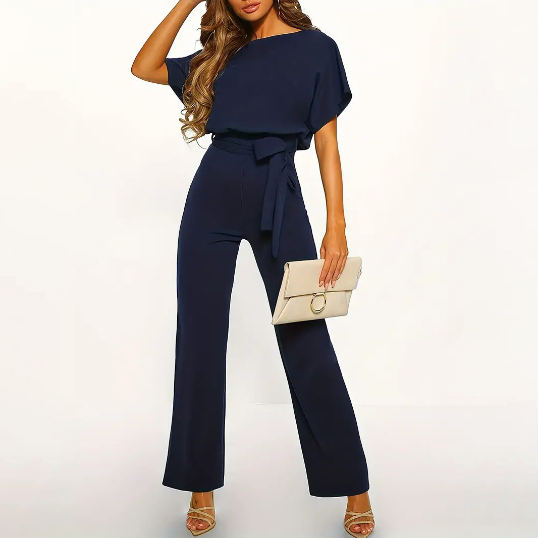 Batwing Sleeve Belted Jumpsuit, Solid Casual Jumpsuit, Women's Clothing - Blue, L