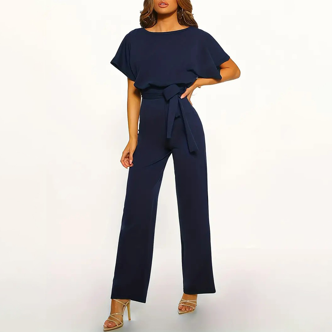 Batwing Sleeve Belted Jumpsuit, Solid Casual Jumpsuit, Women's Clothing - Apricot, M