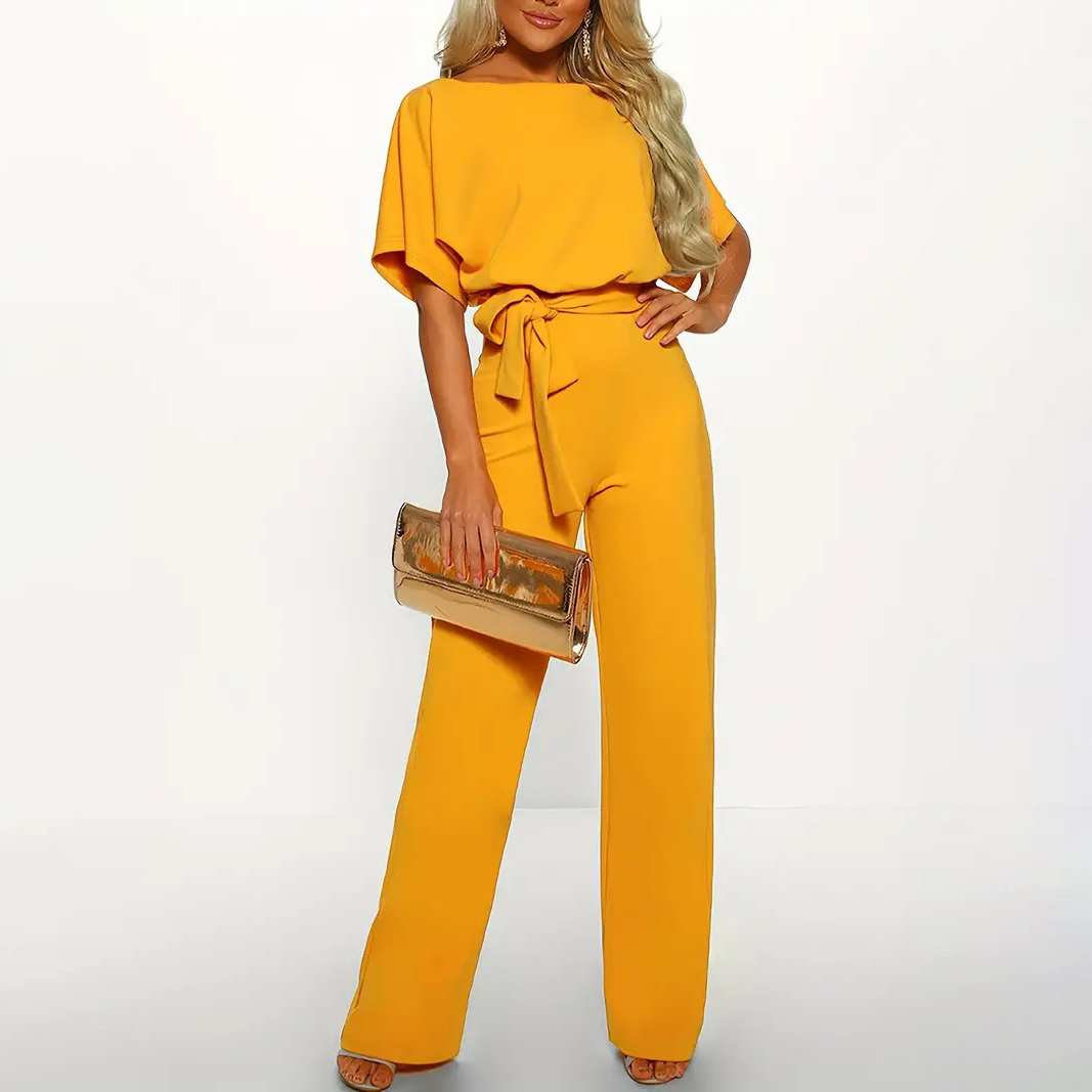 Batwing Sleeve Belted Jumpsuit, Solid Casual Jumpsuit, Women's Clothing - Yellow, L