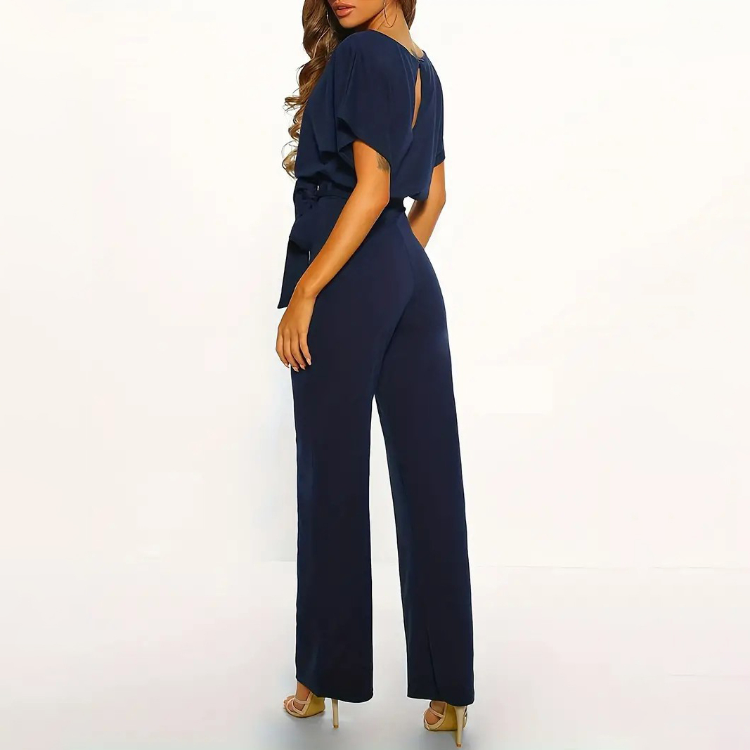 Batwing Sleeve Belted Jumpsuit, Solid Casual Jumpsuit, Women's Clothing - Blue, S