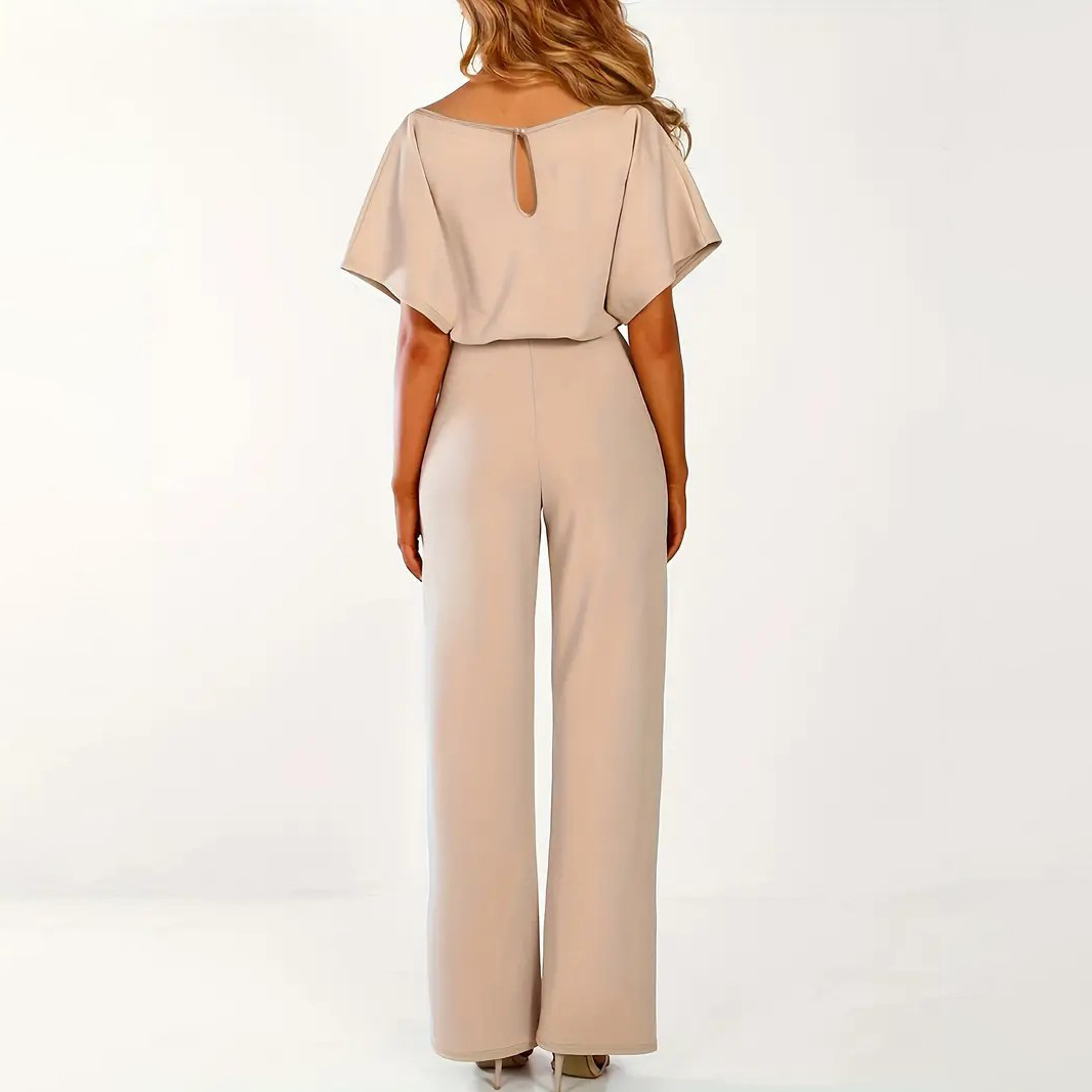 Batwing Sleeve Belted Jumpsuit, Solid Casual Jumpsuit, Women's Clothing - Apricot, L