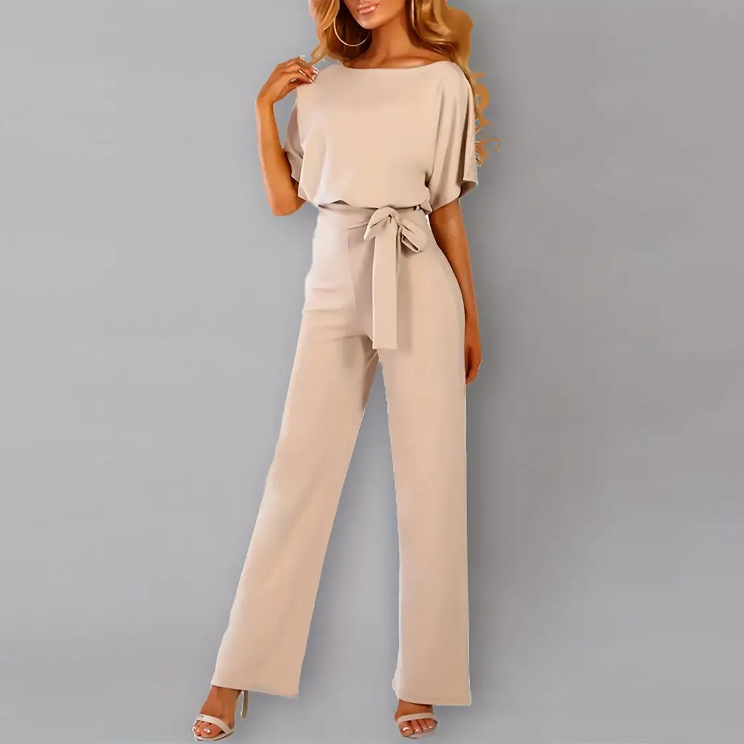 Batwing Sleeve Belted Jumpsuit, Solid Casual Jumpsuit, Women's Clothing - Apricot, S