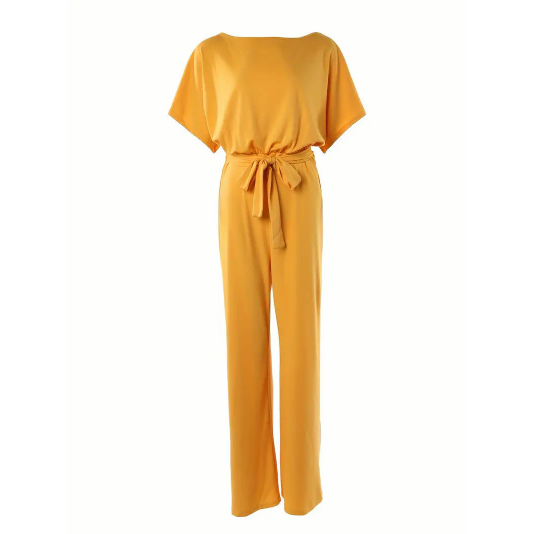 Batwing Sleeve Belted Jumpsuit, Solid Casual Jumpsuit, Women's Clothing - Yellow, S