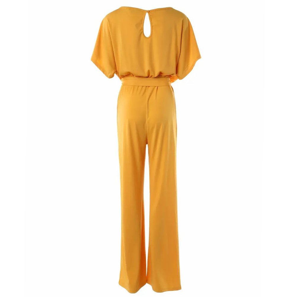 Batwing Sleeve Belted Jumpsuit, Solid Casual Jumpsuit, Women's Clothing - Yellow, M