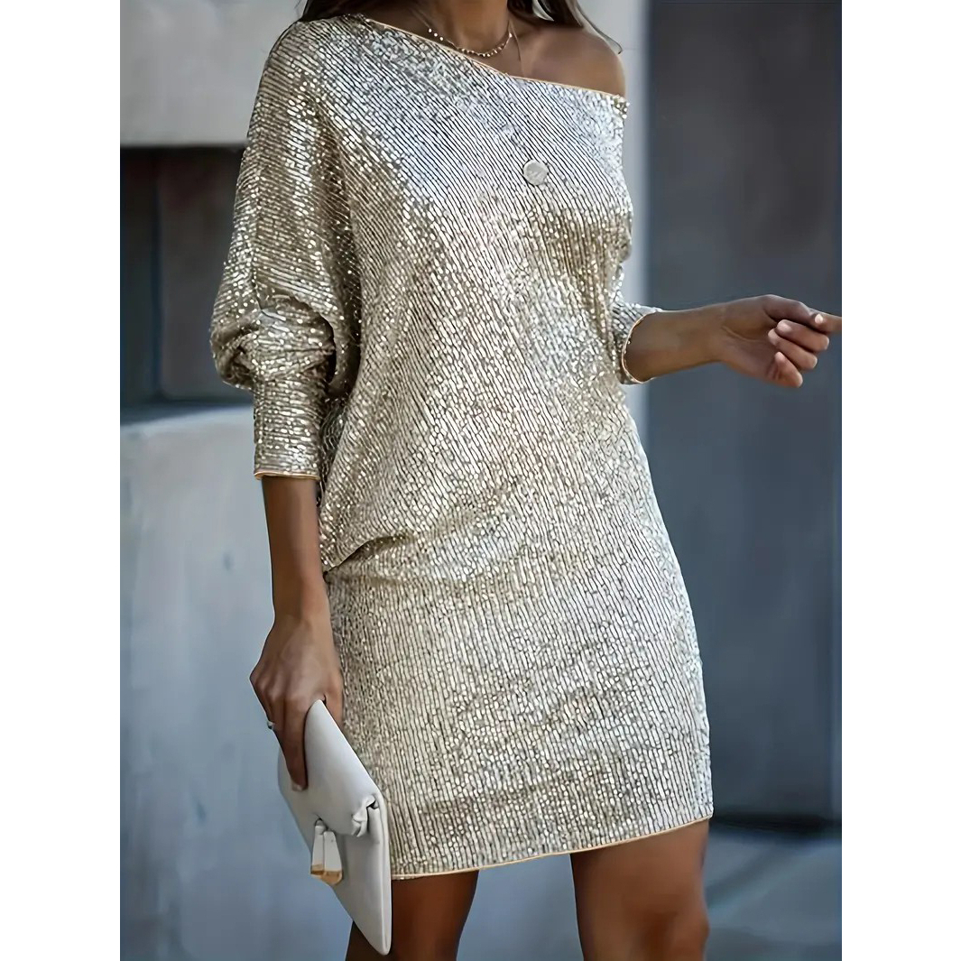 Contrast Sequin Solid Dress, Party Wear V Neck Long Sleeve Dress, Women's Clothing - Apricot, XXL