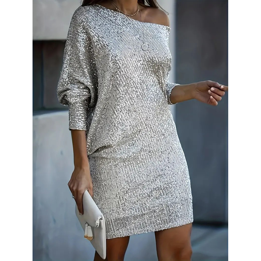Contrast Sequin Solid Dress, Party Wear V Neck Long Sleeve Dress, Women's Clothing - Golden, XXL