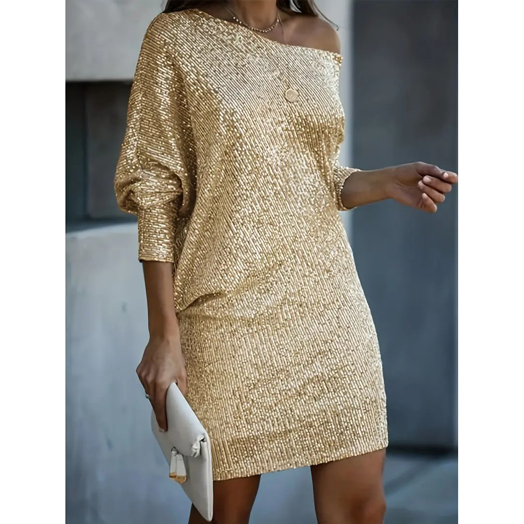 Contrast Sequin Solid Dress, Party Wear V Neck Long Sleeve Dress, Women's Clothing - Golden, M