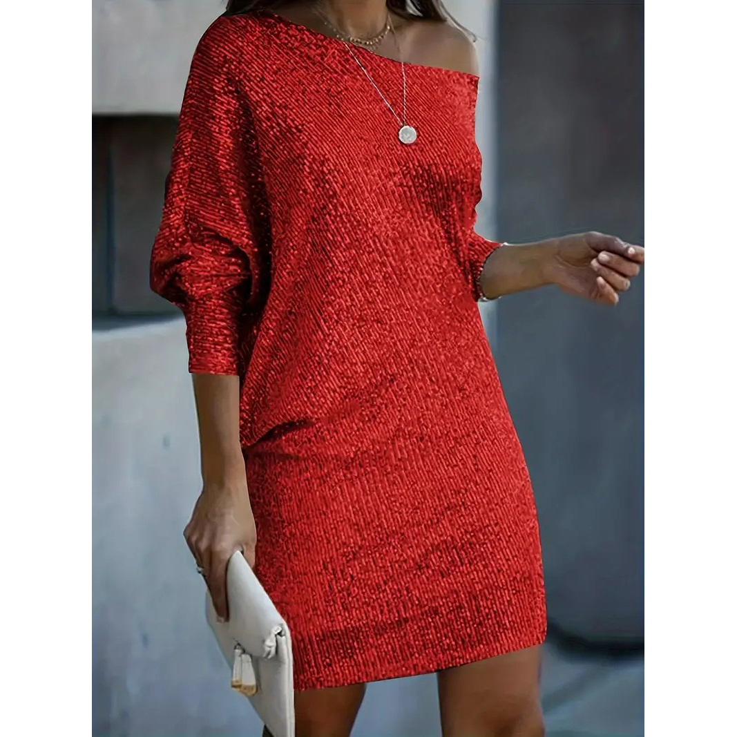 Contrast Sequin Solid Dress, Party Wear V Neck Long Sleeve Dress, Women's Clothing - Red, L