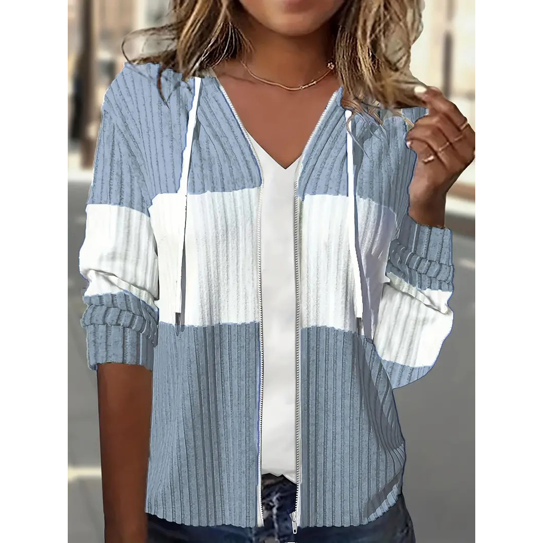 Color Block Zip Up Drawstring Hoodie, Casual Long Sleeve Rib Knit Sweatshirt, Women's Clothing - Blue, XL