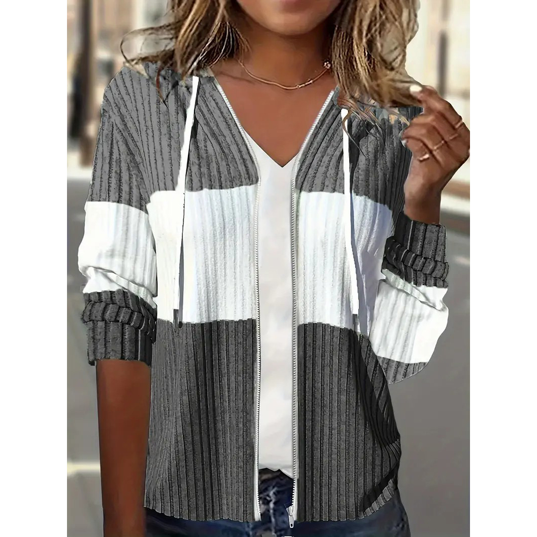 Color Block Zip Up Drawstring Hoodie, Casual Long Sleeve Rib Knit Sweatshirt, Women's Clothing - Gray, XL