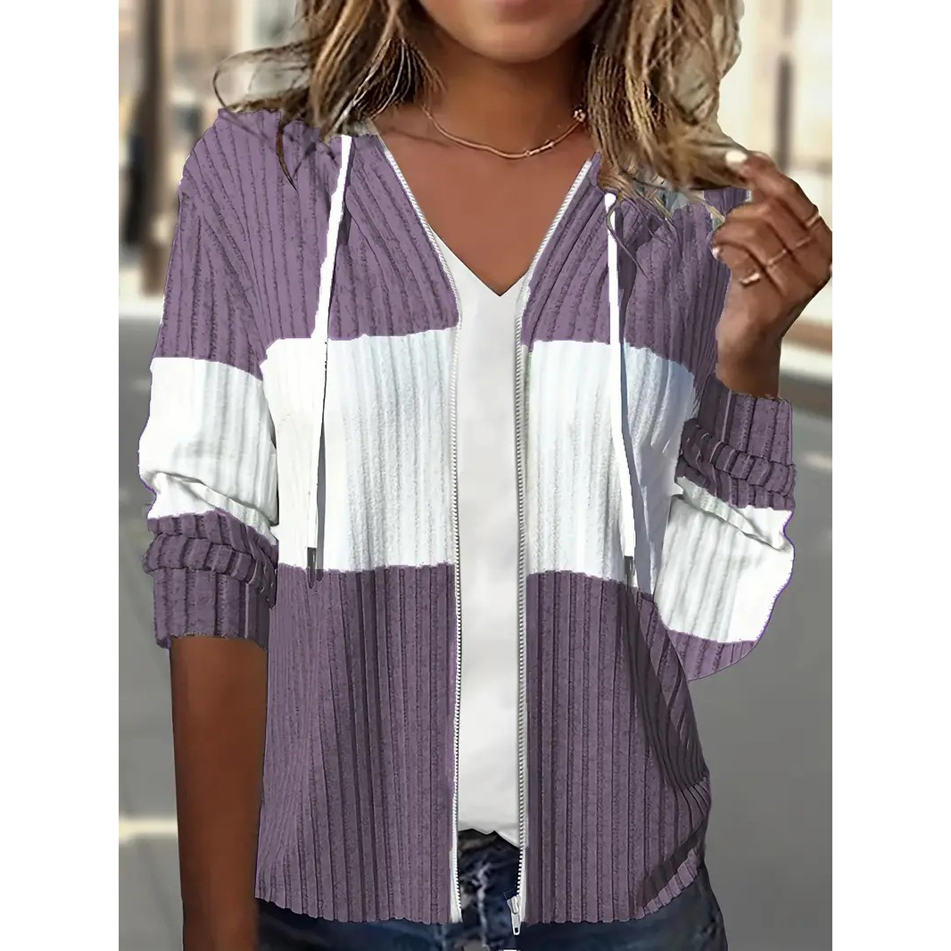 Color Block Zip Up Drawstring Hoodie, Casual Long Sleeve Rib Knit Sweatshirt, Women's Clothing - Purple, XL