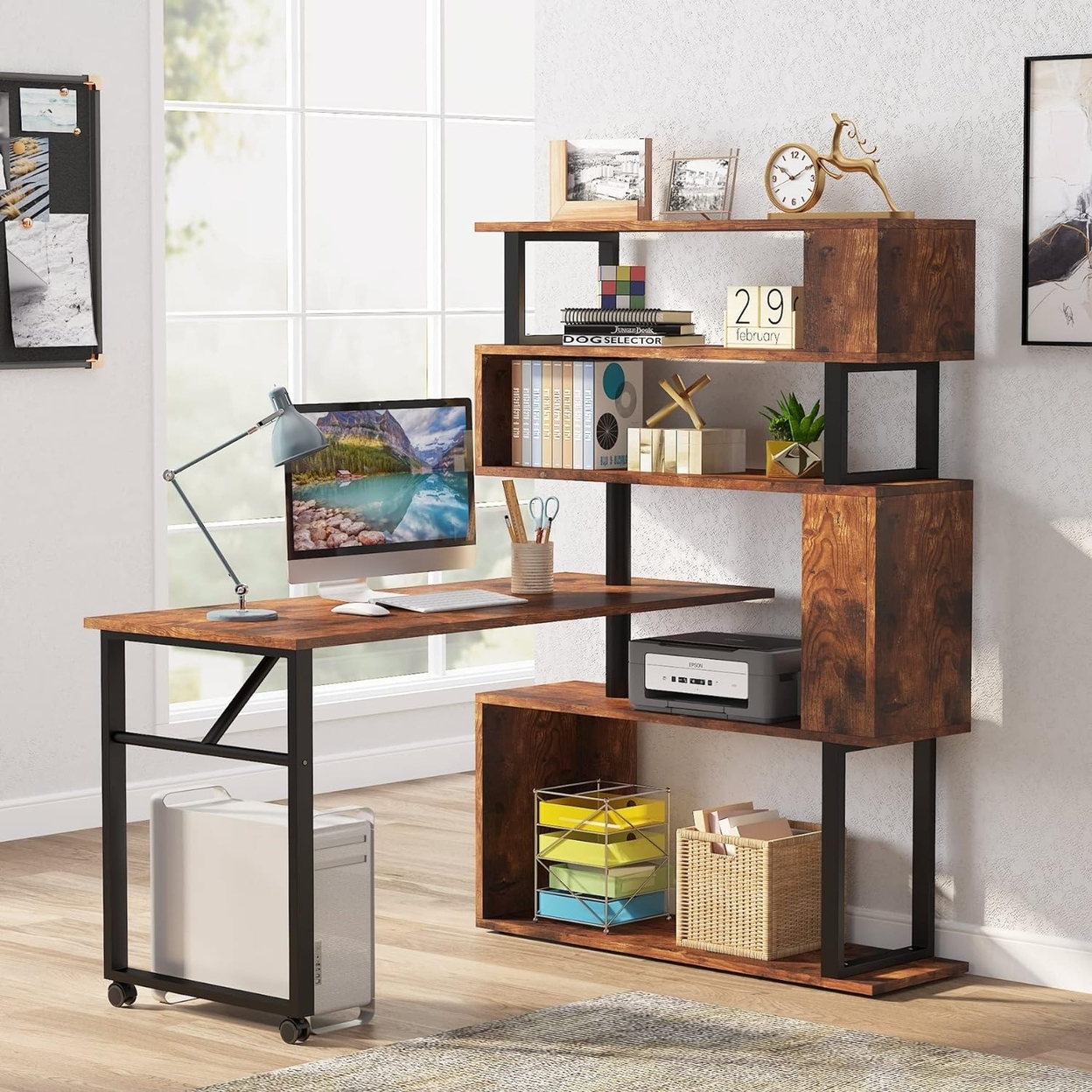 Tribesigns Rotating Computer Desk With 5 Shelves Bookshelf, Modern L-Shaped Corner Desk With Storage, Reversible Office Table With Wheels