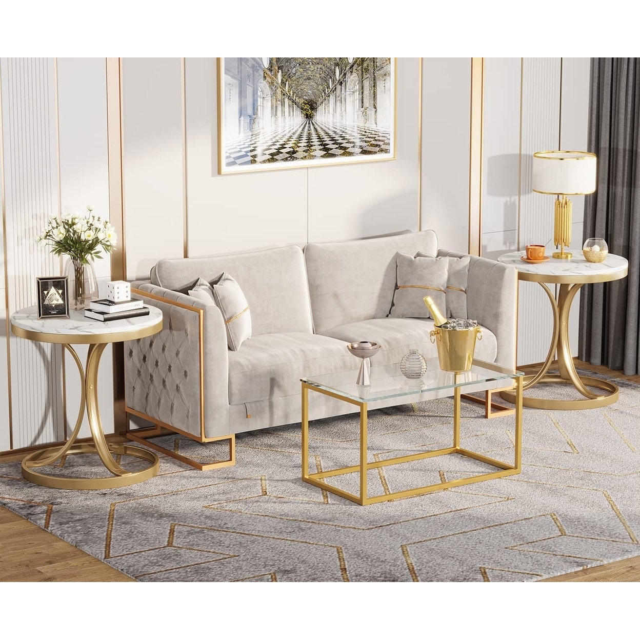 Tribesigns Round Metal End Table, Marble Side Table With 3C-Shaped Legs, Gold Accent Bedside Table Nightstand - 2pcs