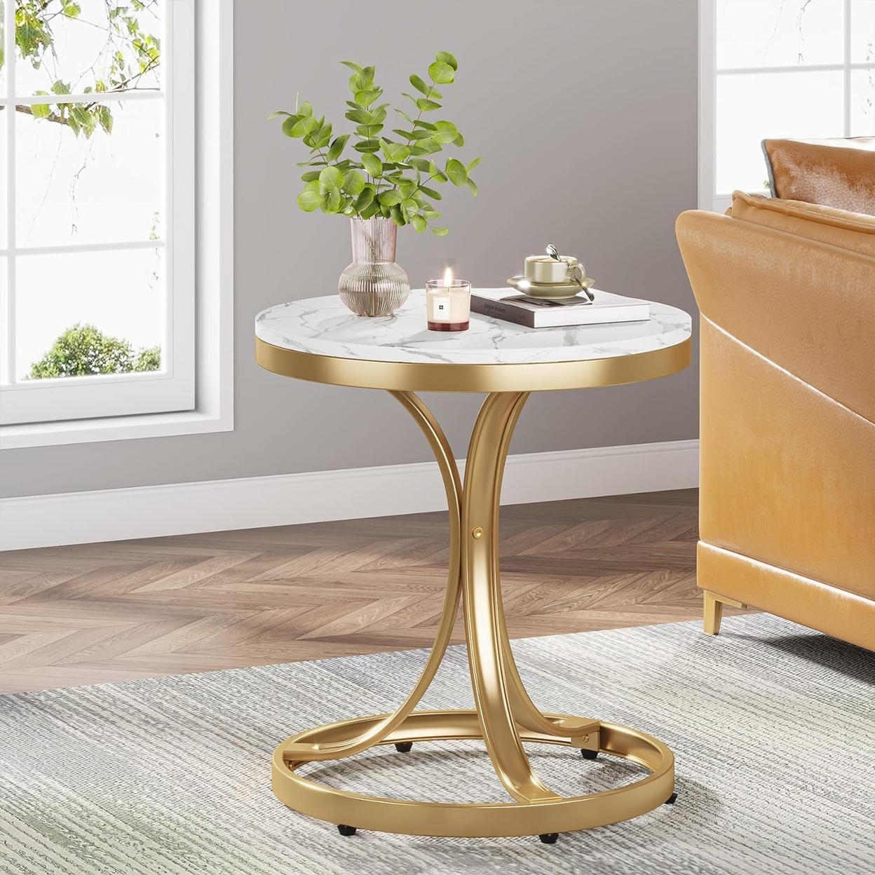 Tribesigns Round Metal End Table, Marble Side Table With 3C-Shaped Legs, Gold Accent Bedside Table Nightstand - 1pc