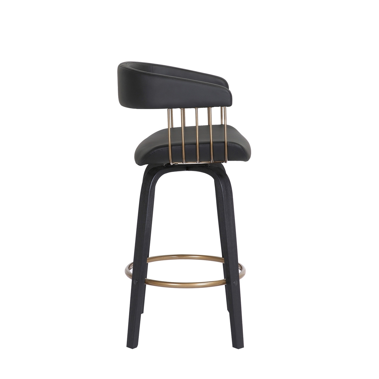 Maya 26 Inch Swivel Counter Chair, Black Faux Leather, Bronze Metal Slats - Saltoro Sherpi