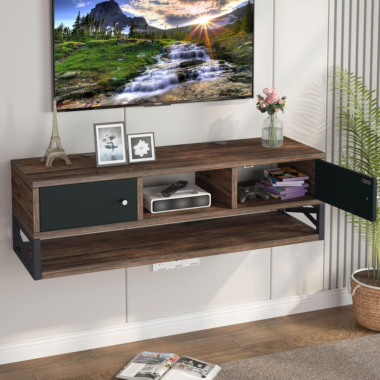 Tribesigns 3-Tier Wall Mounted Media Console TV Shelf With Magnetic Suction Doors, TV Cabinet Entertainment Center Console Shelf