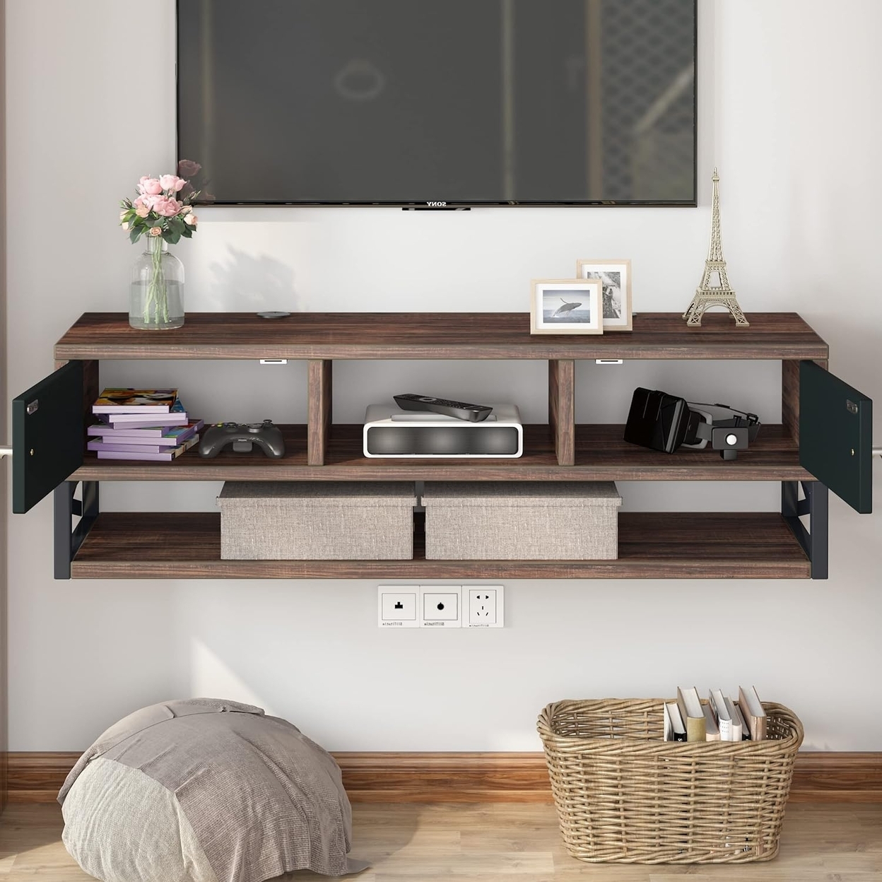 Tribesigns 3-Tier Wall Mounted Media Console TV Shelf With Magnetic Suction Doors, TV Cabinet Entertainment Center Console Shelf
