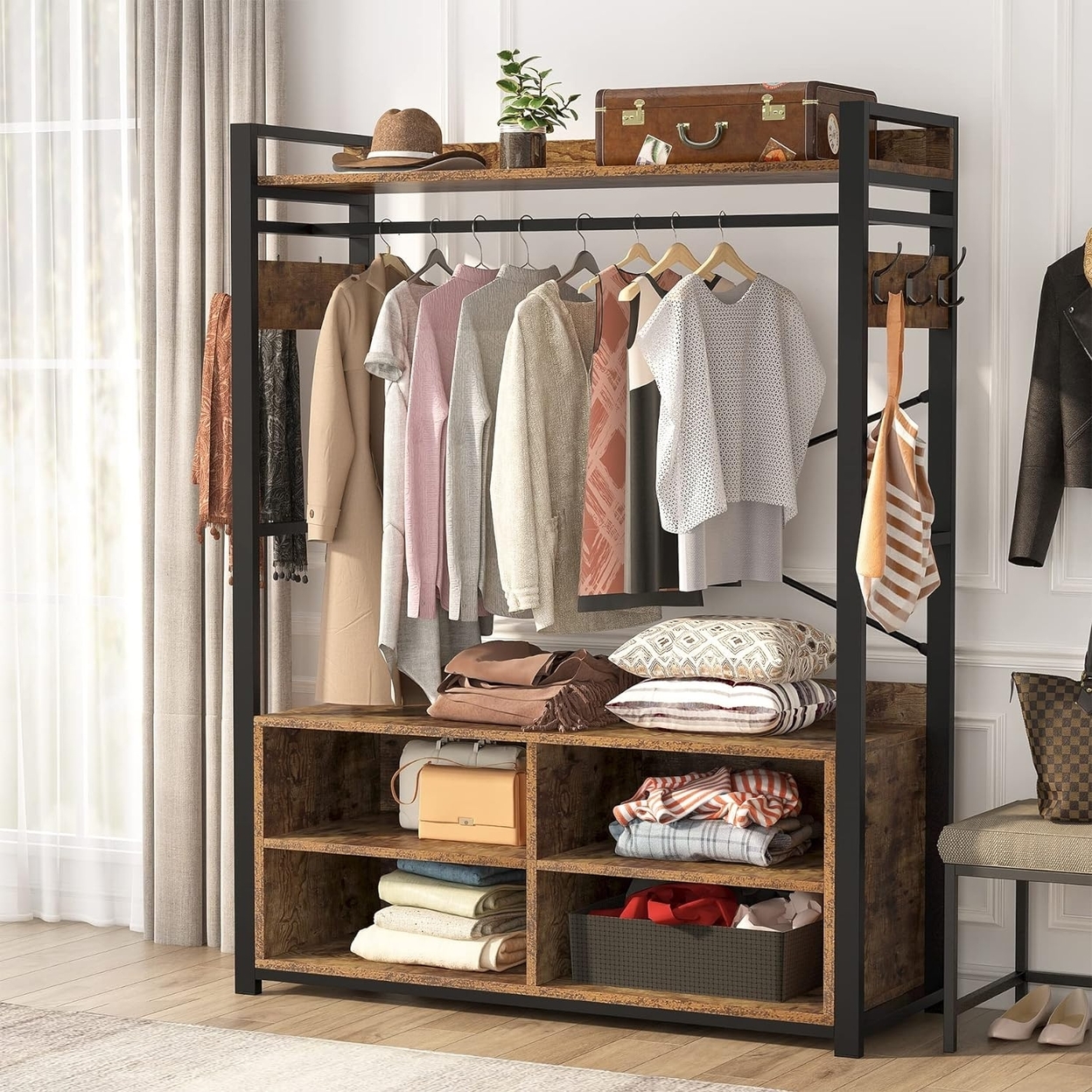 Tribesigns Free-standing Closet Clothing Rack, Metal Closet Organizer System With Shelves And Hooks,Garment Rack Shelving