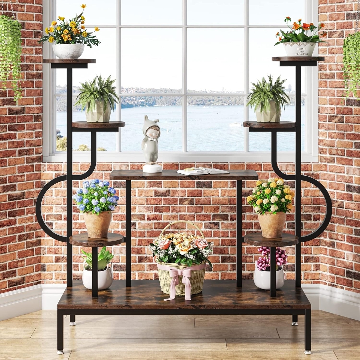 Tribesigns 8-Tier Metal Plant Stand, Large Tall Plant Shelf For Multiple Plants, Round & Square Board, Wood Indoor Ladder Holder Flower Rack