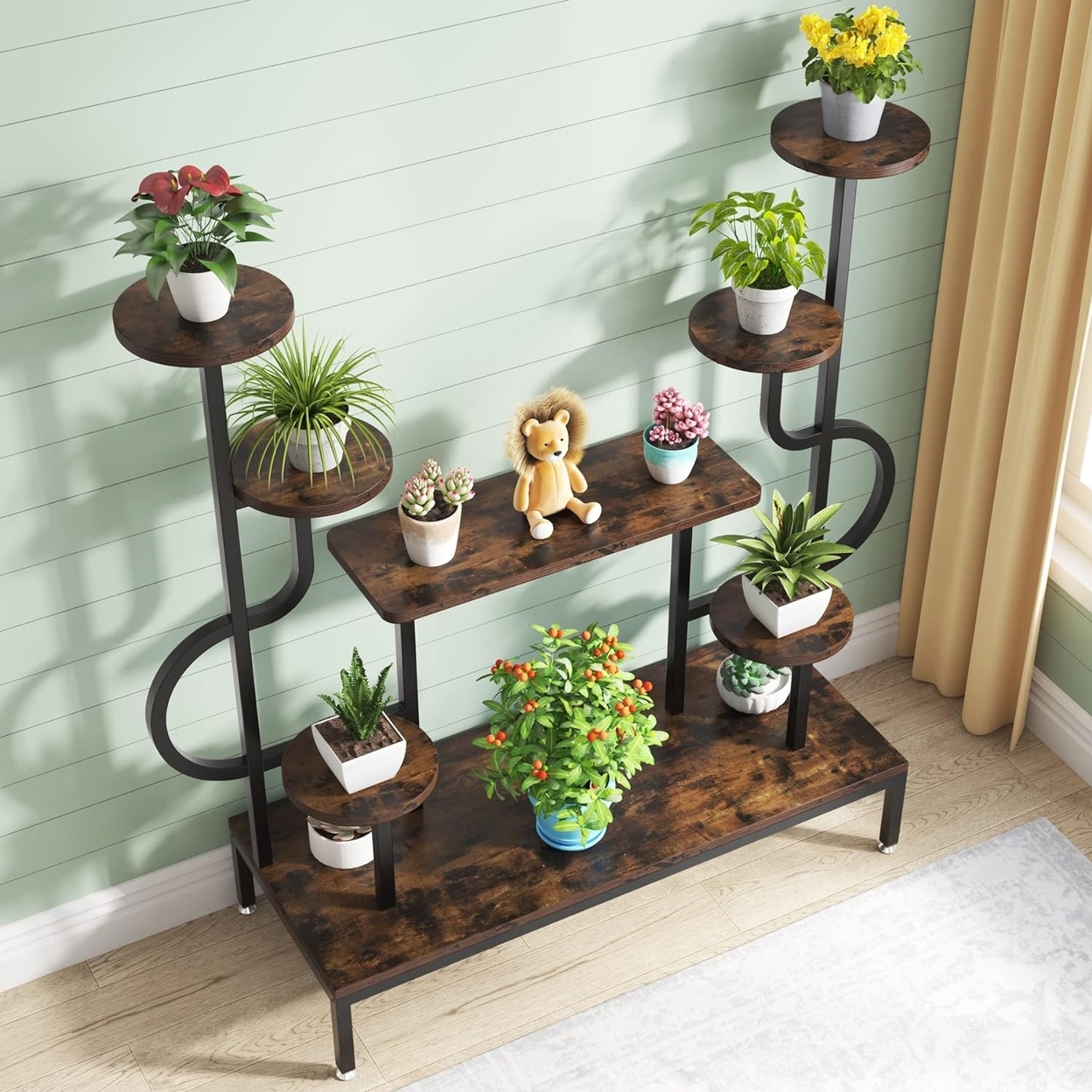 Tribesigns 8-Tier Metal Plant Stand, Large Tall Plant Shelf For Multiple Plants, Round & Square Board, Wood Indoor Ladder Holder Flower Rack