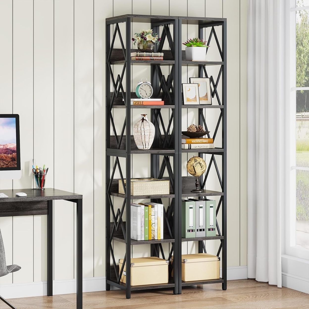 Tribesigns 6-Tier Bookshelf Storage Shelves, 75 Tall Narrow Bookcase With Heavy Duty Metal Frame, Skinny Open Storage Display Rack - 2pcs