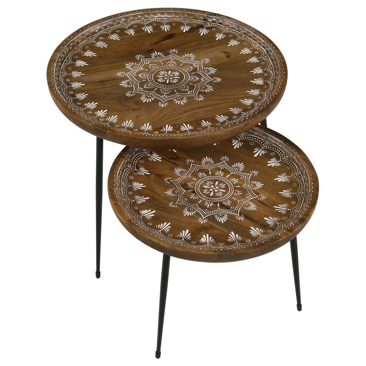 2 Piece Round Nesting Tray Top Table Set, Carved Edges, Motif Design, Brown- Saltoro Sherpi